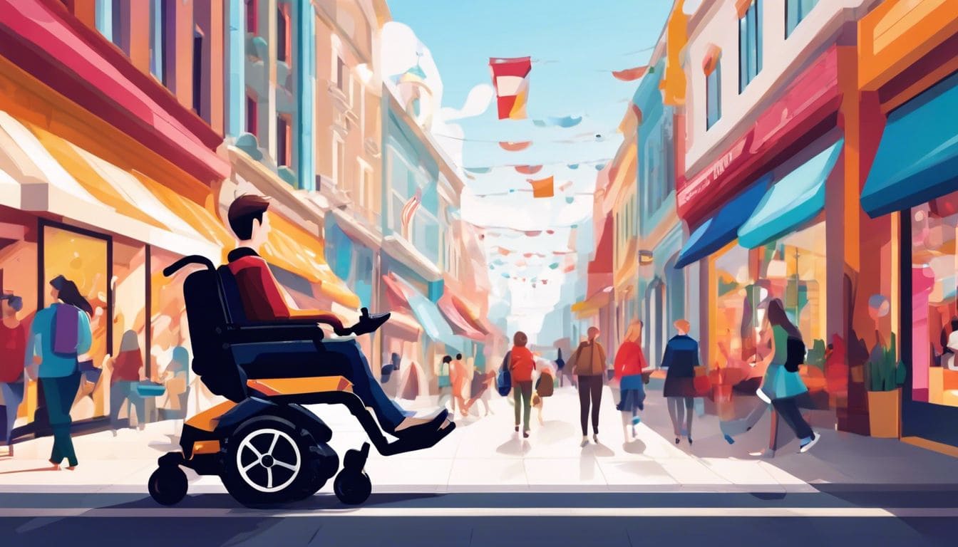 Een persoon gebruikt de JoyRider elektrische rolstoel in een drukke winkelstraat.