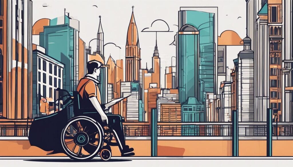 Een persoon in een rolstoel verkent een moderne stad en maakt foto's van de stad.