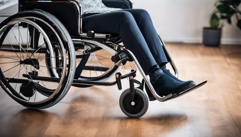 Een set moderne en verstelbare rolstoelvoetensteunen in een toegankelijk huis.