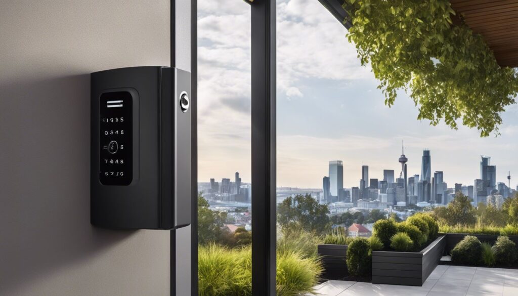 Een veilige sleutelkluis met mobiele app, geïntegreerd in modern huis.