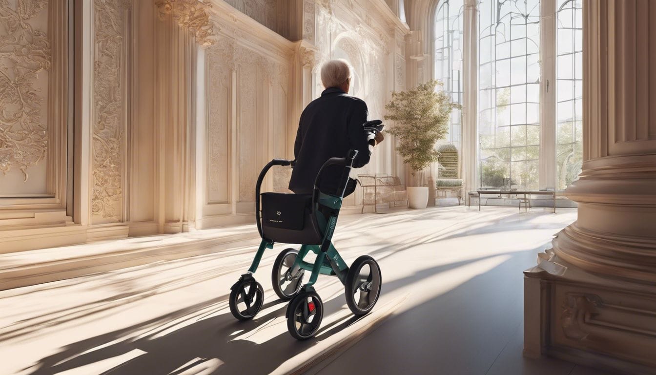 Een persoon navigeert behendig door smalle binnenruimtes met een slanke, lichtgewicht rollator, benadrukkend de vrijheid van mobiliteit.