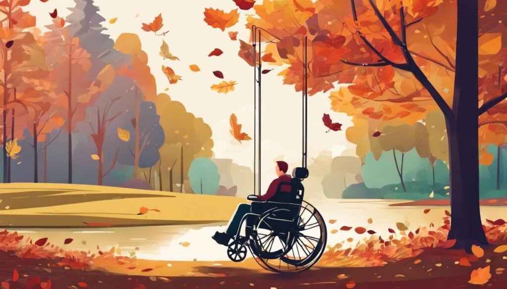 Persoon met hulp van rolstoel geniet van de natuur in park.