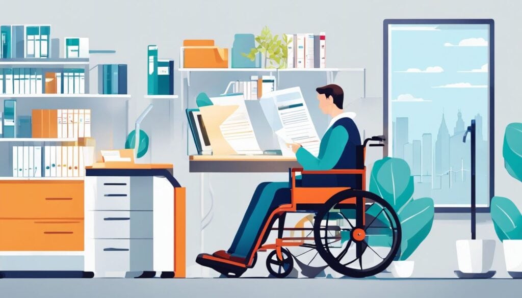 Een persoon voltooit papierwerk voor een rolstoel in een medische kantooromgeving.