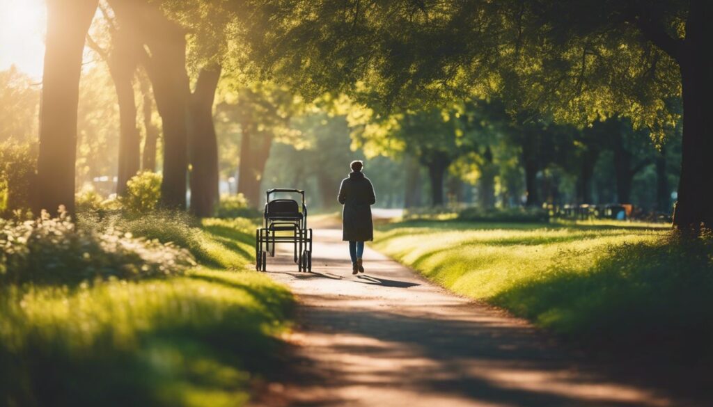 Een persoon loopt met een gebruikte wandelstok in een rustig park.