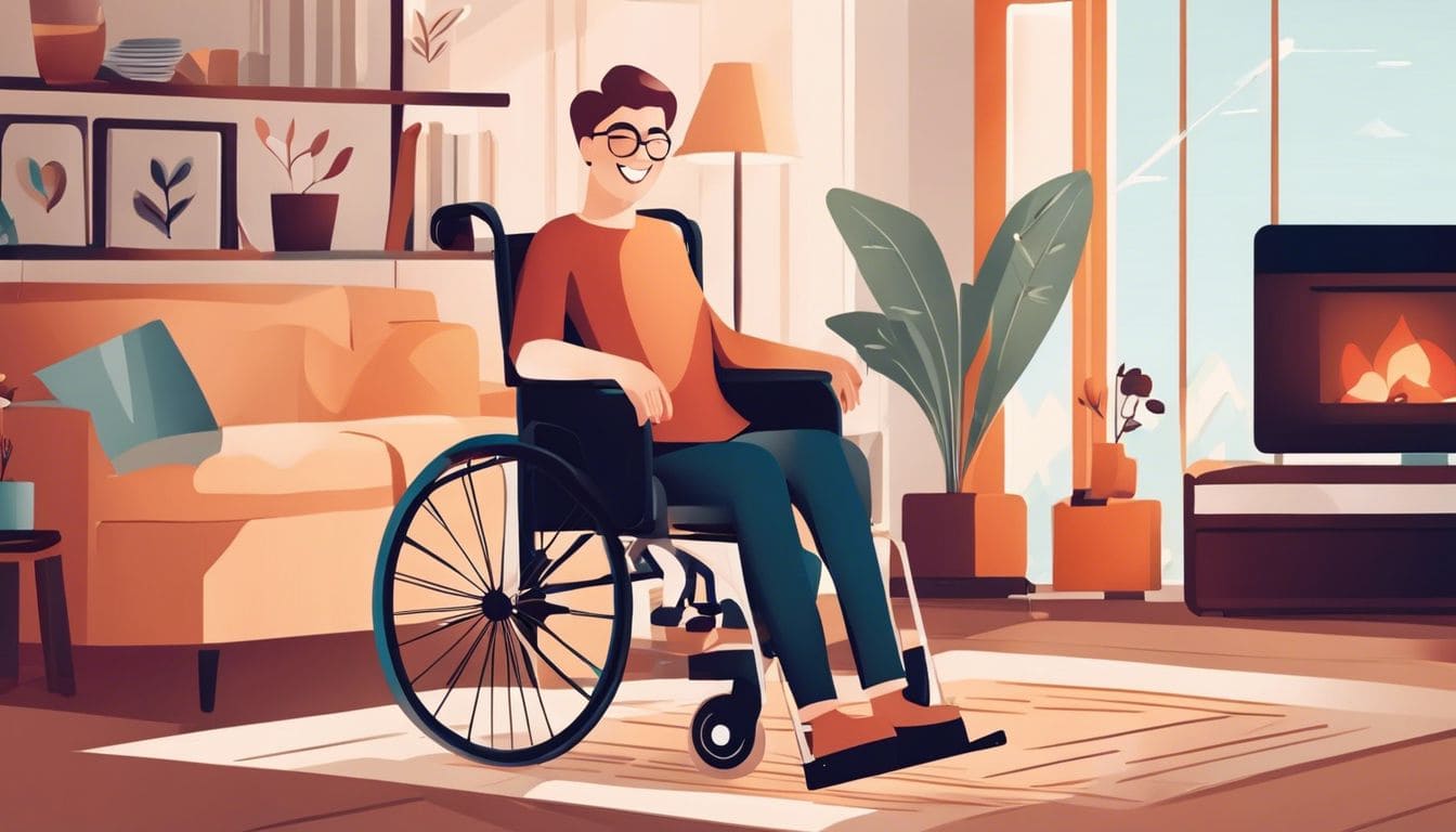Een persoon in een rolstoel glimlacht in een gezellige woonkamer.