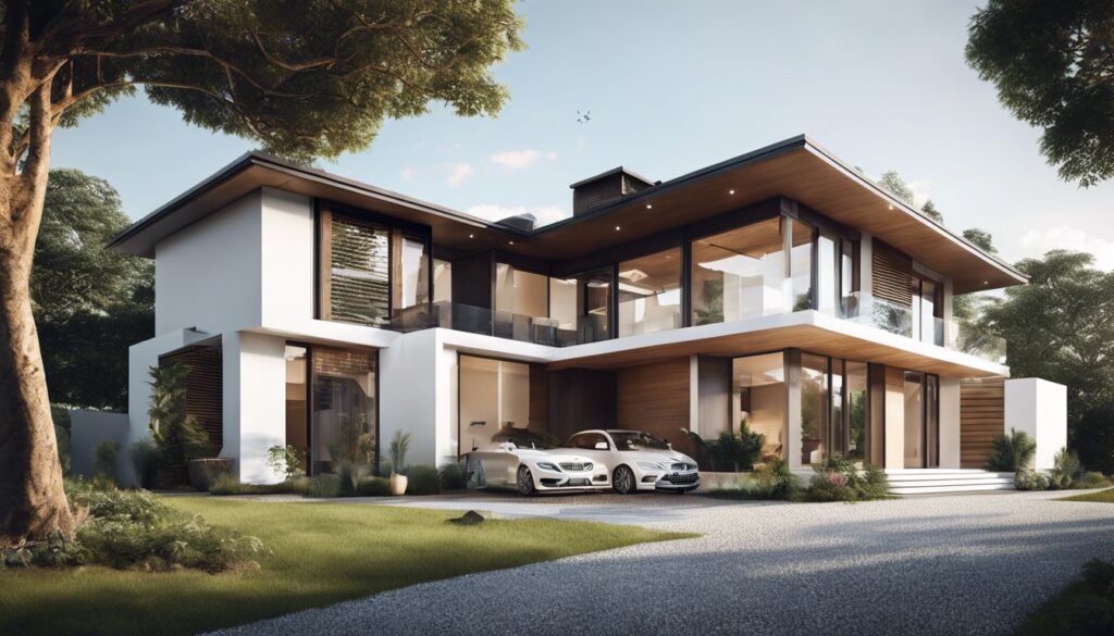 Een moderne woning met een Univé persoonlijk alarmsysteem, omgeven door een rustige woonwijk, met nadruk op integratie en details.