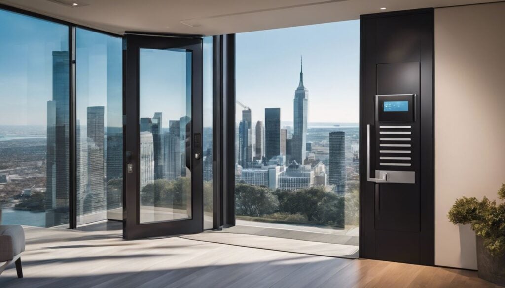 Een veilige kluisbox aan een moderne voordeur met stadsgezicht op de achtergrond.