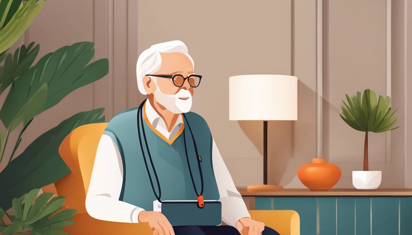 Een oudere persoon draagt een VGZ-noodhanger in een warme en gezellige woonkamer.