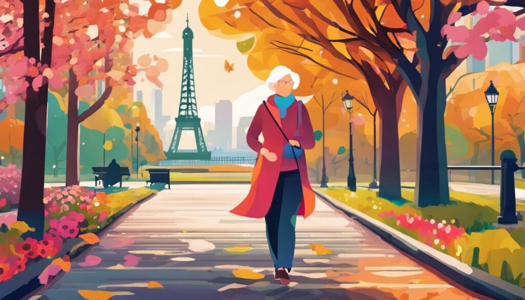 Een actieve oudere persoon draagt de Vlinder GPS-alarm en geniet van een levendig stadspark.