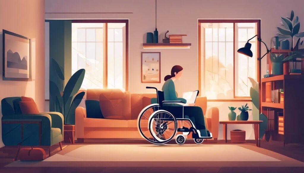 Een persoon in een rolstoel gebruikt een rolstoelbureau in een gezellige woonkamer.