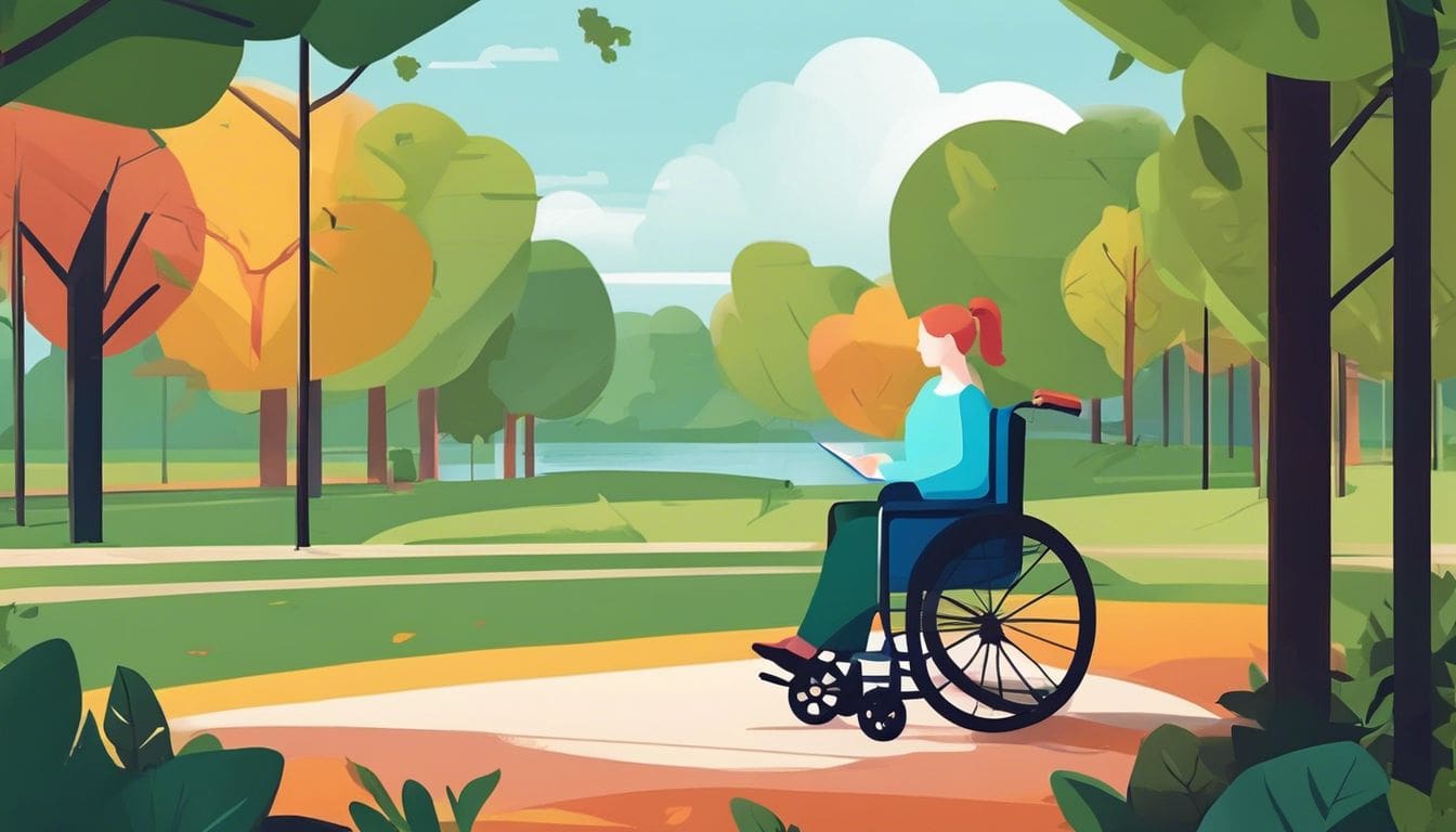 Persoon in rolstoel geniet van de natuur en maakt foto's.