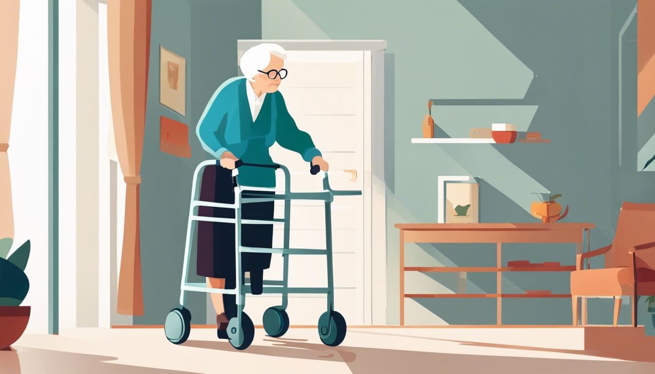 Een oudere persoon gebruikt een rollator om een ​​opstapje te overwinnen met een geschikte hellingbaan.