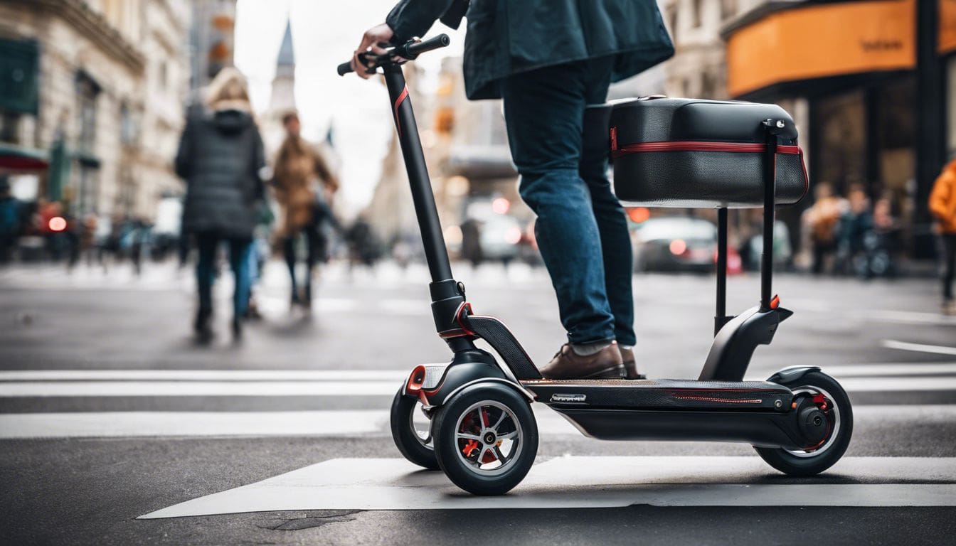 Een persoon bevestigt veilig een rollator op een scooter in een levendige stedelijke omgeving.