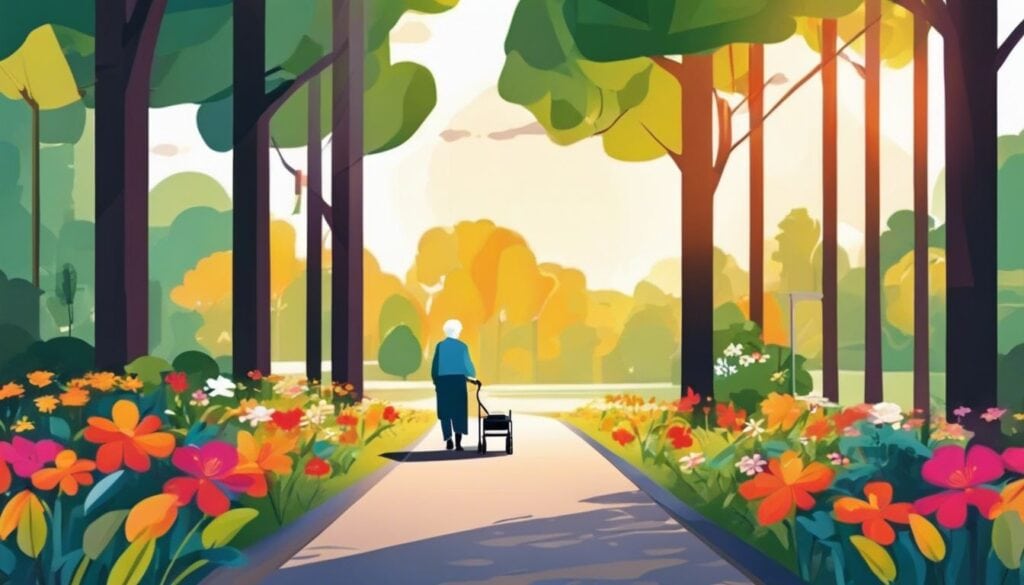 Een oudere persoon loopt zelfverzekerd met een rollator in een sereen park.