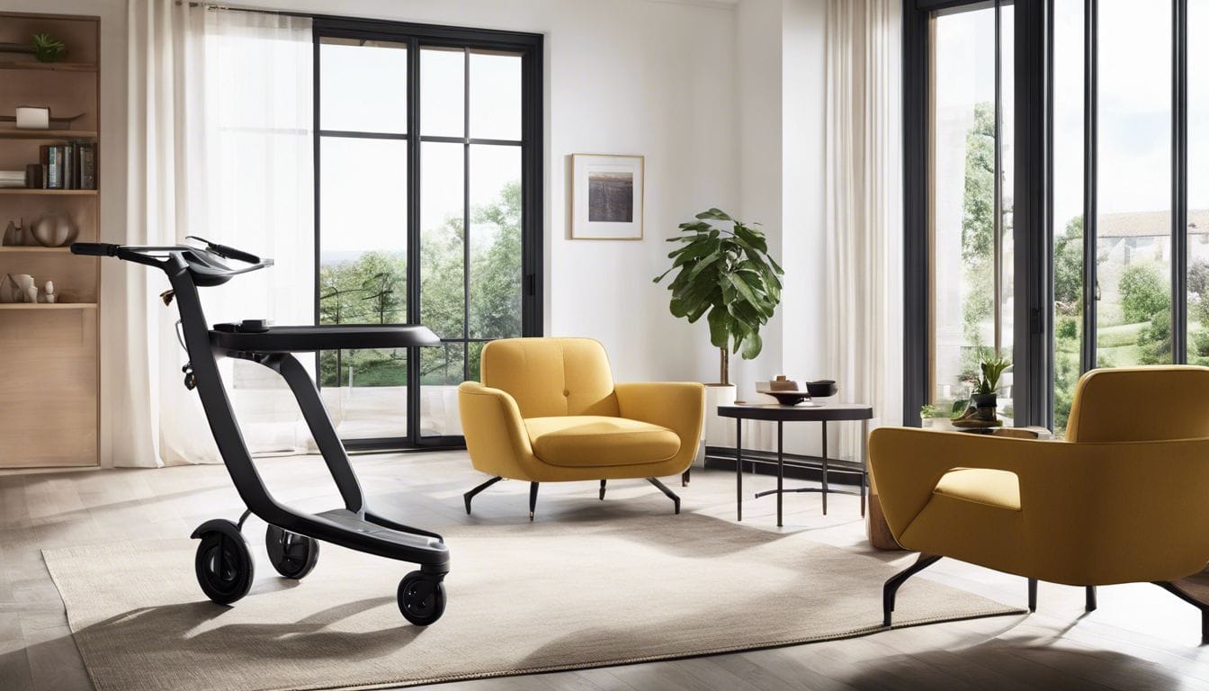 Een moderne, lichte rollator geïntegreerd in een ruime woonkamer, met een strak ontwerp en functionaliteit.