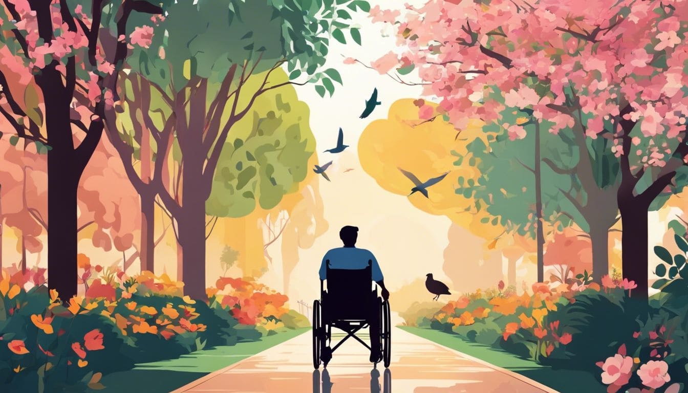 Een persoon in een rolstoel geniet van een rustige wandeling in het park.