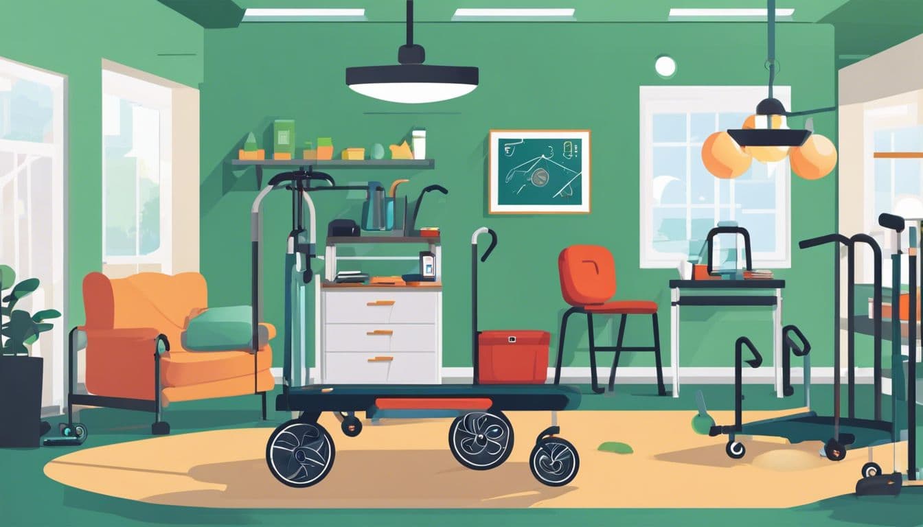 Een rollator omringd door diverse obstakels in een therapieruimte, met diverse fysiotherapiehulpmiddelen en oefenapparatuur op de achtergrond.