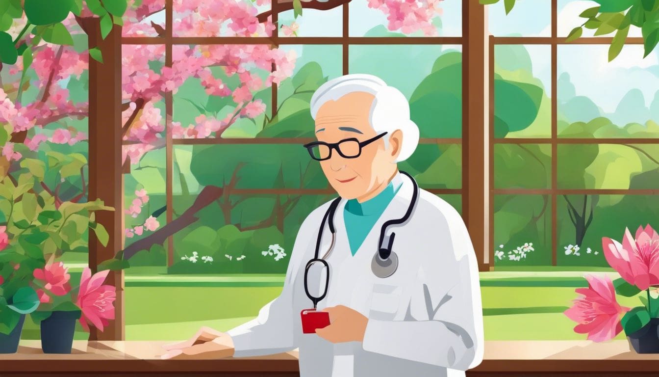 Een oudere persoon met een medisch alarmarmband staat voor een raam met uitzicht op een vredige tuin.