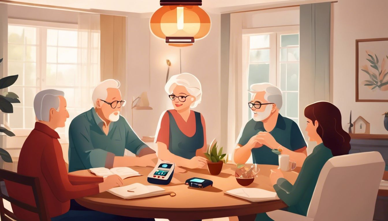 Een oudere persoon draagt een Univ&eacute; Persoonlijk Alarm en zit omringd door familie.