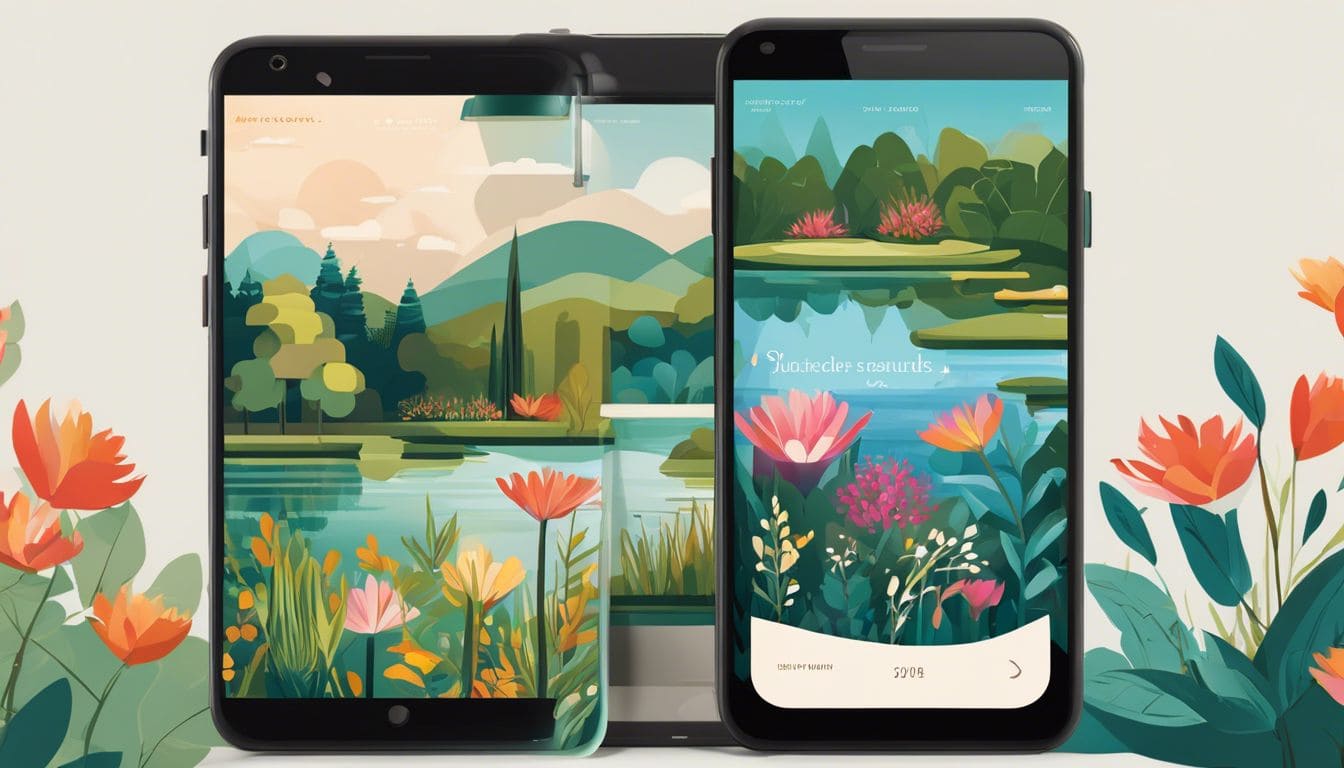 Een kleine mobiele telefoon in een rustige huisomgeving, omringd door natuurlijke schoonheid van bloemen, vijvers en groen.